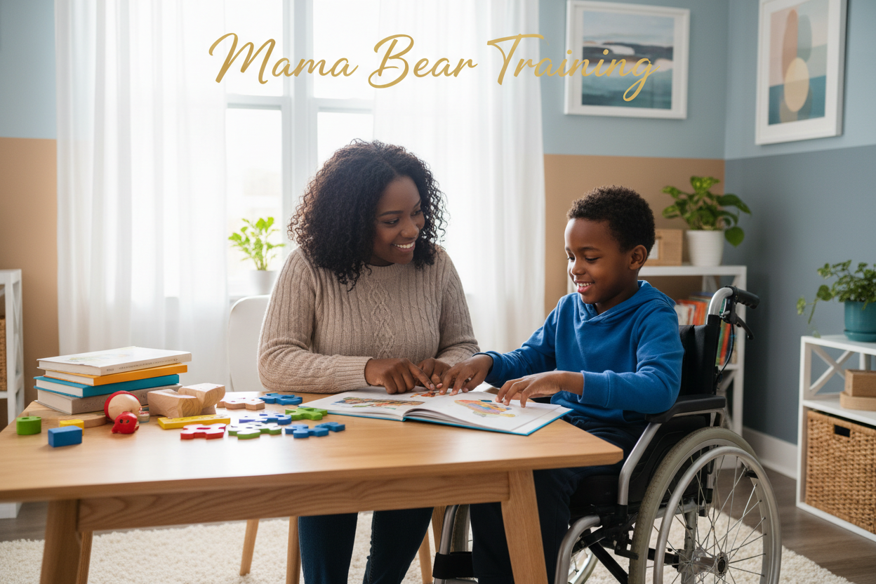 Black mother and son with special needs engaged in learning - Mama Bear Training